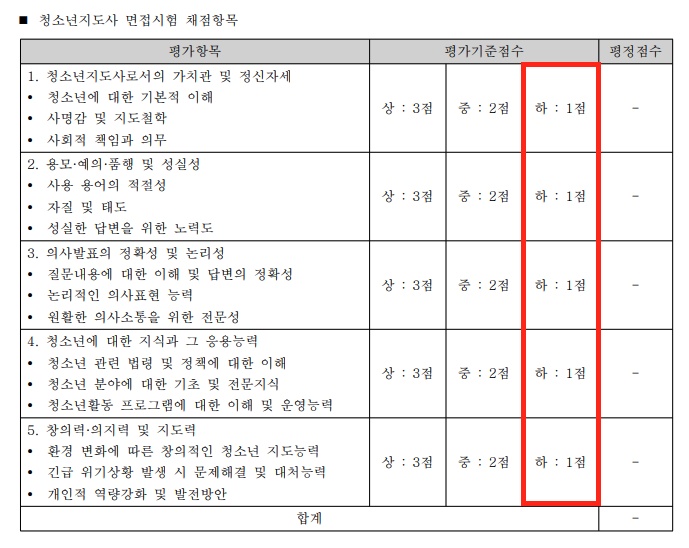 청소년지도사 면접 채점항목_출처 한국사이버평생교육원