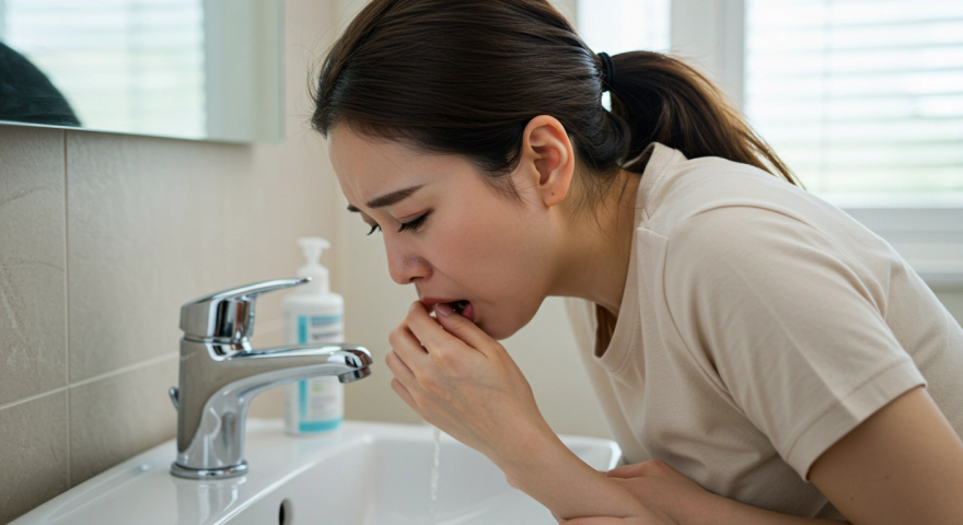 화장실에서 구토하는 한국인 여성