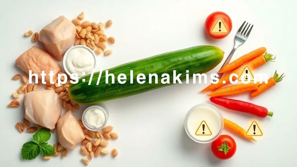 중앙에 신선한 오이가 놓여있고, 왼쪽에는 오이와 궁합이 좋은 신선한 닭가슴살, 요거트, 견과류 등이 밝고 조화롭게 배치되어 건강한 느낌을 준다. 오른쪽에는 섭취 시 주의가 필요한 당근, 토마토, 우유 등이 놓이며, 이들 위에는 은은하게 빛나는 작은 경고 아이콘이 있는 이미지.