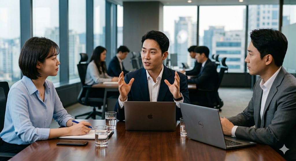 A professional male leader leadling a business meeting with assertive gestures while colleagues listen attentively in a modern office.