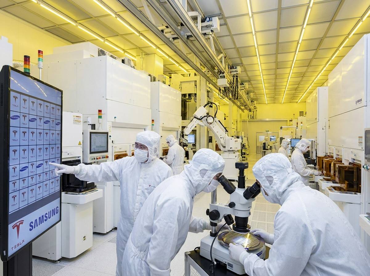 거대한 반도체 클린룸에서 테슬라 로고와 삼성 로고가 새겨진 웨이퍼를 살펴보고 있는 엔지니어들의 모습