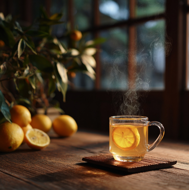 받침대위 레몬차 찻잔