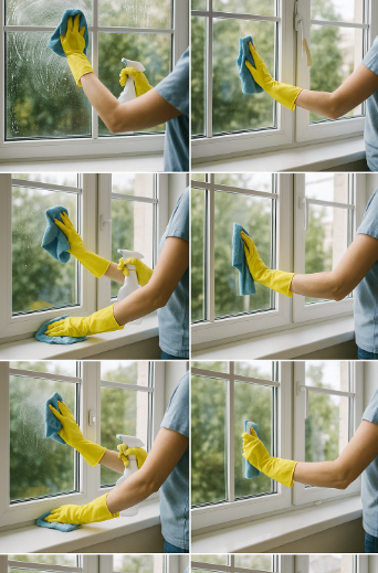 유리창과 창틀 청소하는 이미지