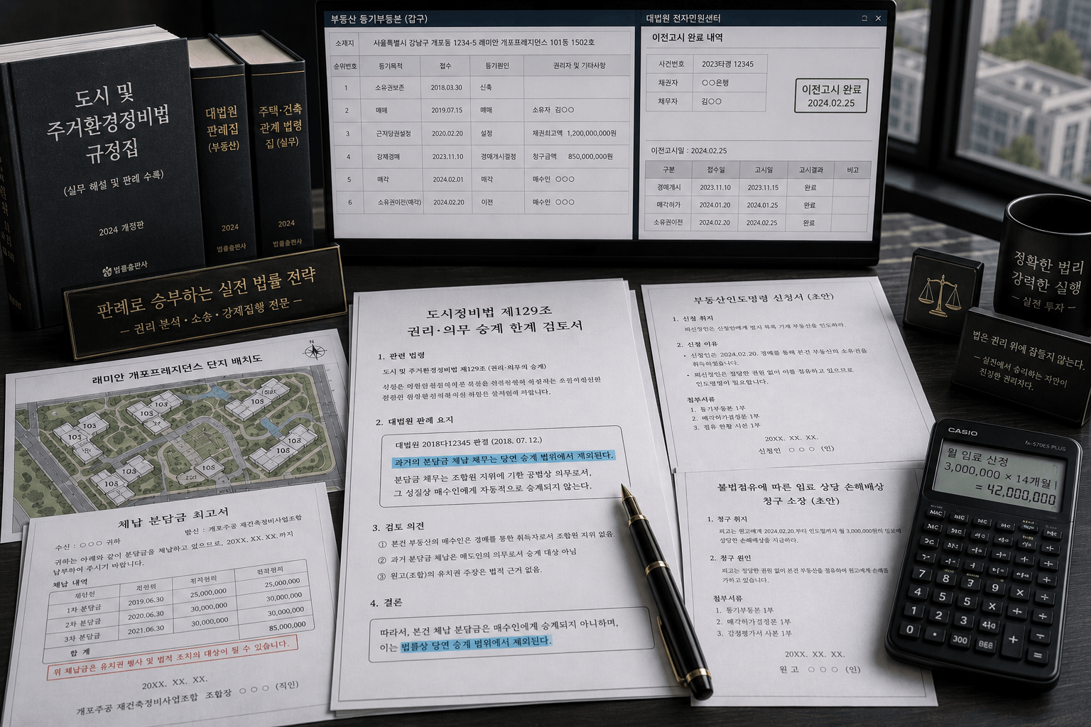 대단지 신축 재건축 아파트의 단지 배치도와 '도시 및 주거환경정비법 규정집', 그리고 조합 측이 보낸 '체납 분담금 최고서' 서류가 책상 위에 놓인 채, 법정 판례를 기반으로 방어 서면을 정밀하게 구축하는 이미지