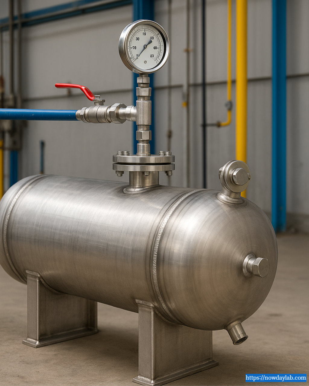 Hydrostatic testing of a stainless steel pressure vessel with water fill and gauge monitoring.