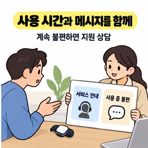 사용 시간과 메시지를 함께 보라는 안내 아래 사용자가 책상 위 워치를 두고 상담자에게 사용 중 불편을 설명하는 모습
