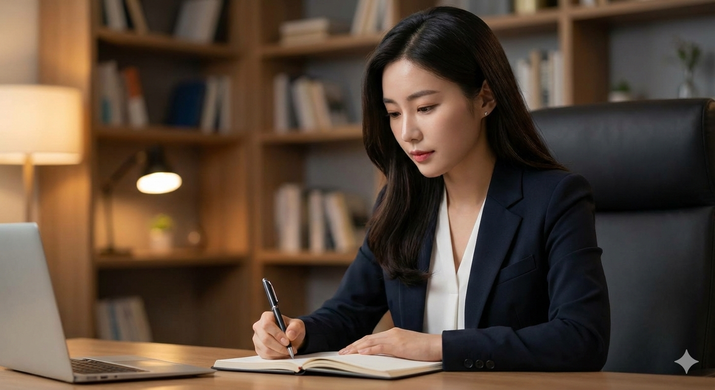 서재에서 ISA 만기 자금을 연금으로 전환하는 풍차 돌리기 재테크 전략을 노트에 꼼꼼히 기록하는 여성