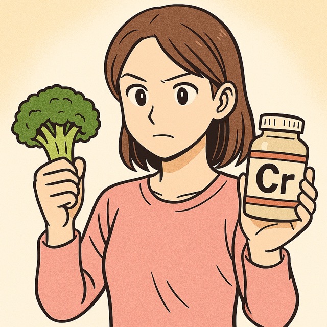 한 손에 브로콜리 를, 다른 손에는 크롬(Cr) 보충제를 담은 병을 들고 있는 여성