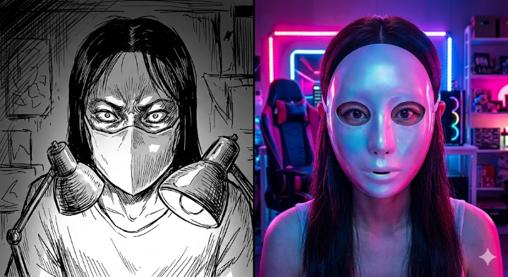 웹툰의 흑백 펜 터치 장면과 드라마의 화려한 색감이 대비되는 분할 화면 이미지, 캐릭터의 표정 변화와 연출의 차이를 강조