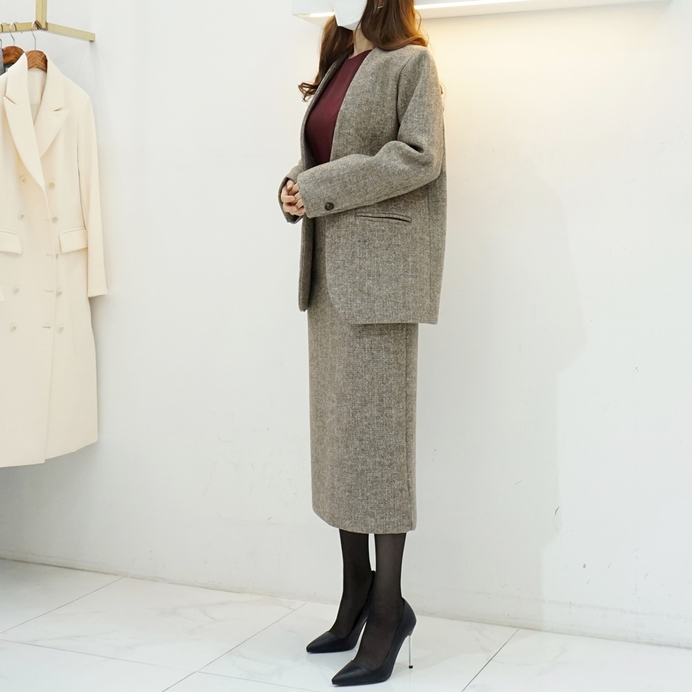 스타일라떼 여성정장세트 울 헤링본 노카라 자켓 H라인 스커트 투피스 겨울 치마정장 77가능 2컬러