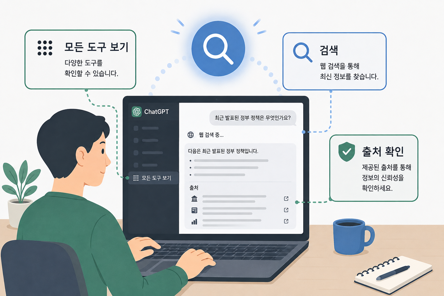 ChatGPT 웹 검색 인터페이스와 사용 단계를 보여주는 일러스트 (모든 도구 보기, 검색 선택, 출처 확인)