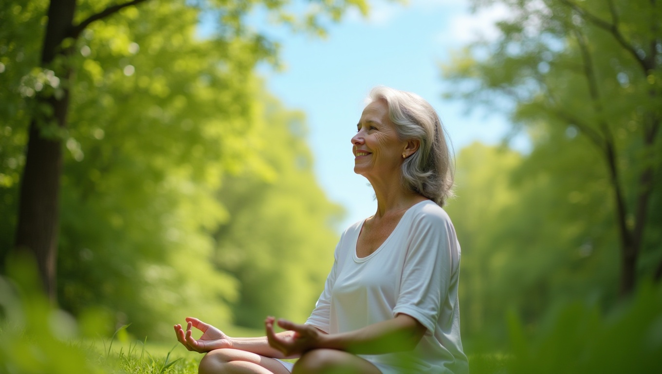 밝은 모습으로 명상하며 웃고있는 여성의 모습