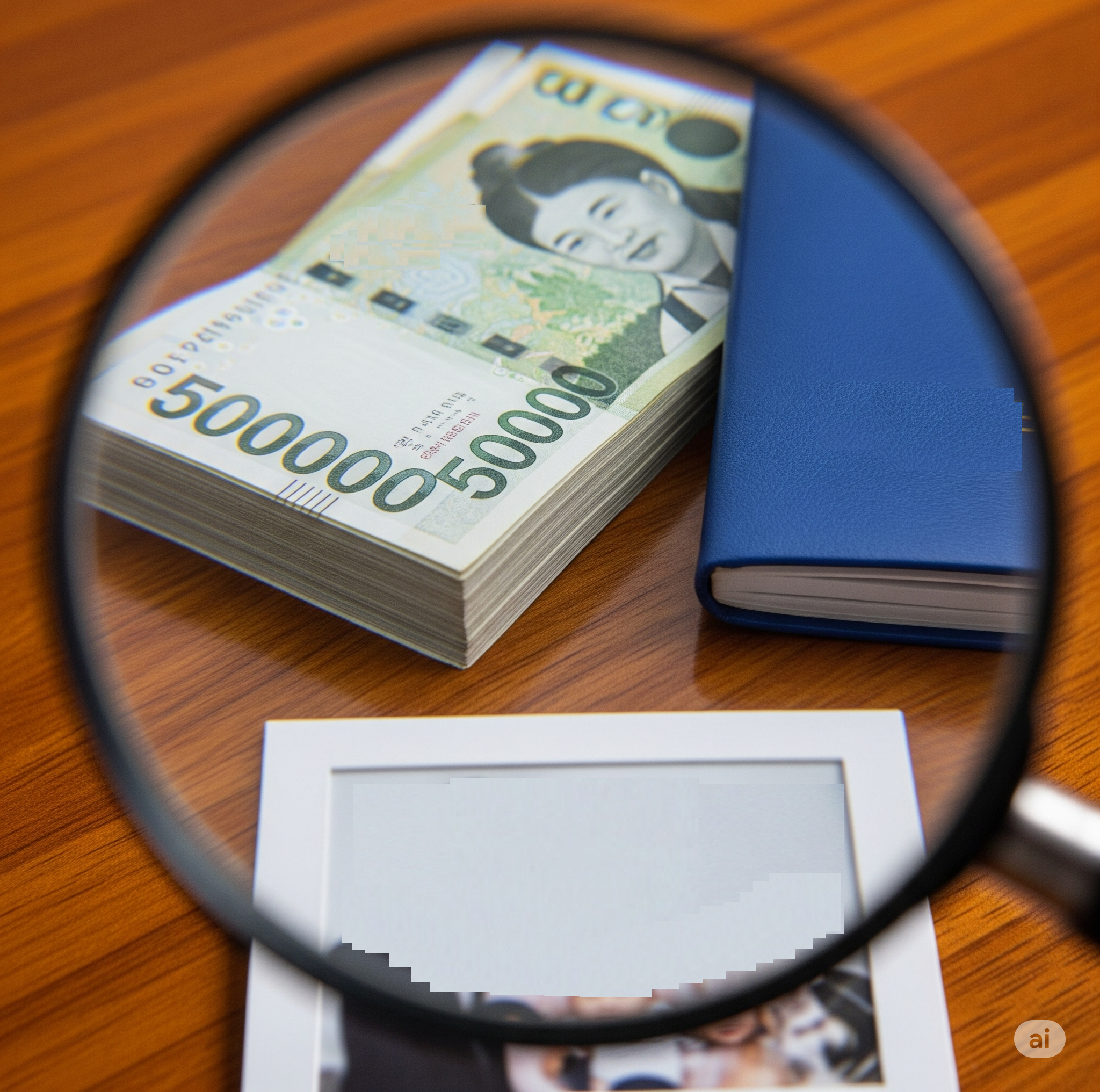 돋보기로 근로장려금 재산 요건 심사를 위해 가족의 돈과 통장, 사진을 살펴보는 이미지