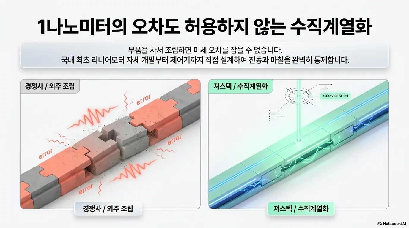 져스텍 주가 전망: 경쟁사의 외주 조립 방식과 져스텍의 수직계열화를 좌우로 대비한 비교 이미지. 부품을 사서 조립하면 생기는 미세 오차와 달리, 국내 최초 리니어모터부터 제어기까지 직접 설계해 진동과 마찰을 통제하는 1나노 정밀 모션제어 경쟁력을 시각적으로 전달하며 져스텍의 본업 구조를 설명함