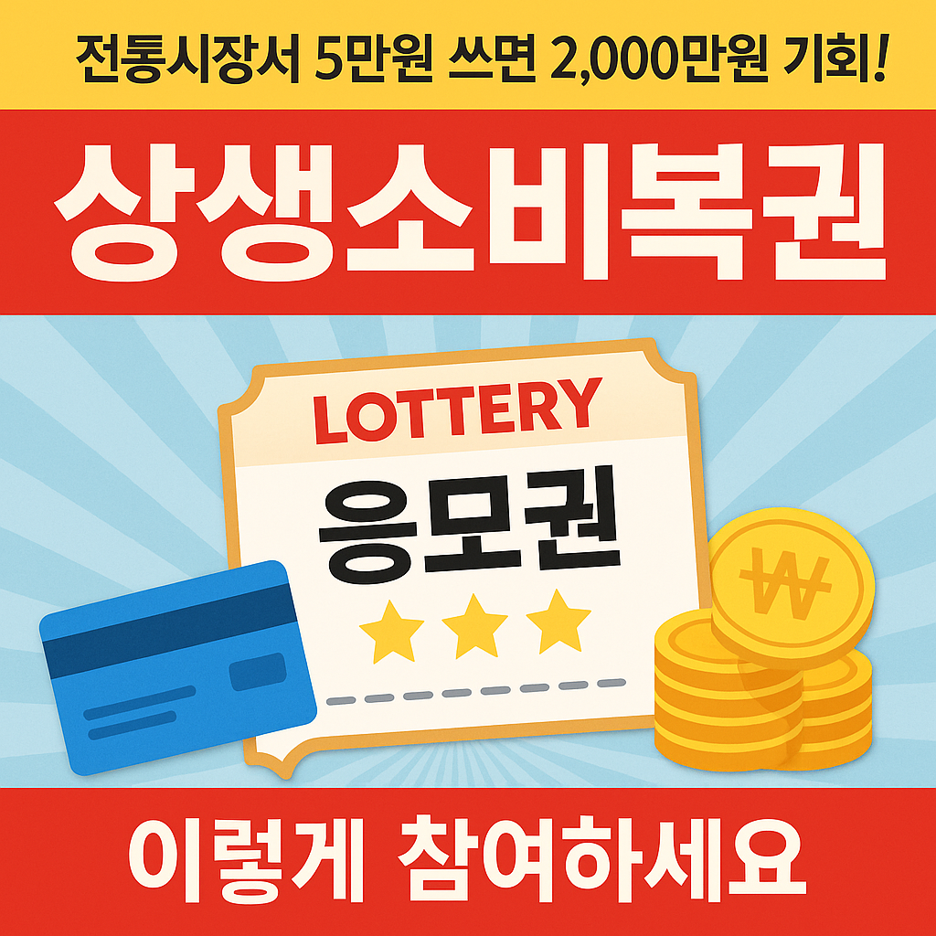 &ldquo;전통시장서 5만원 쓰면 2,000만원 기회! 상생소비복권 이렇게 참여하세요&rdquo;라는 문구가 들어간 정부 소비복권 홍보 썸네일 이미지.
상단에는 노란 배경에 검은 글씨로 주요 문구가, 중앙에는 &lsquo;응모권&rsquo;과 신용카드, 동전 아이콘이 배치되어 복권 참여와 당첨 기회를 시각적으로 강조한 디자인.