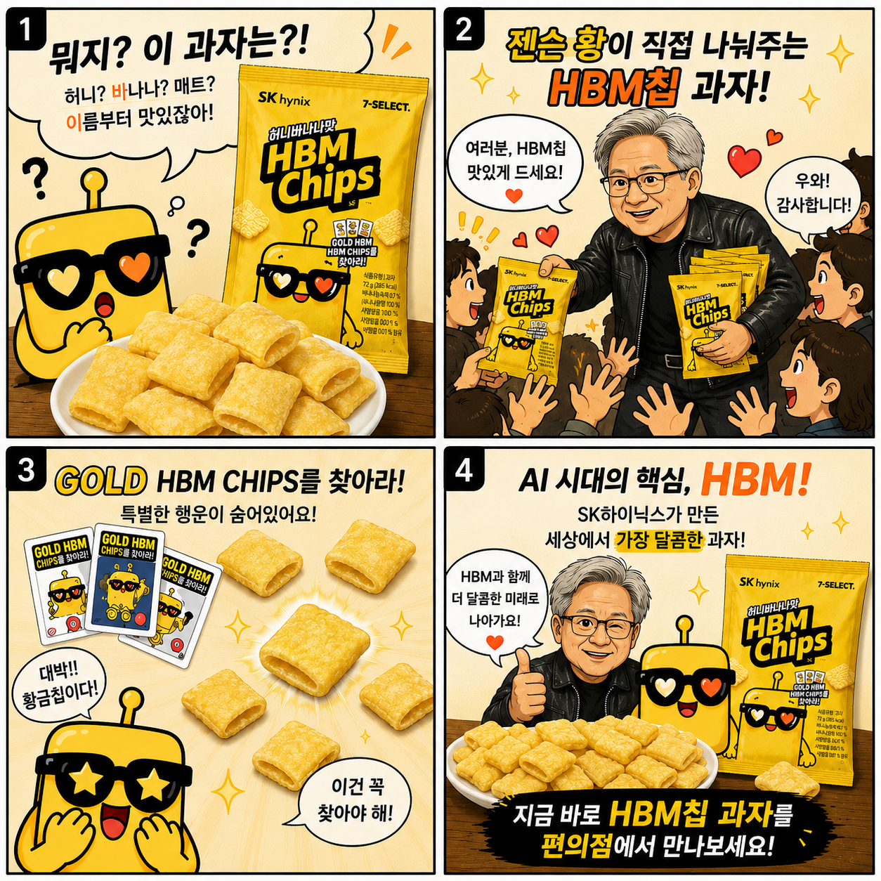 젠슨 황이 HBM칩 과자를 나눠주는 네컷만화 이미지