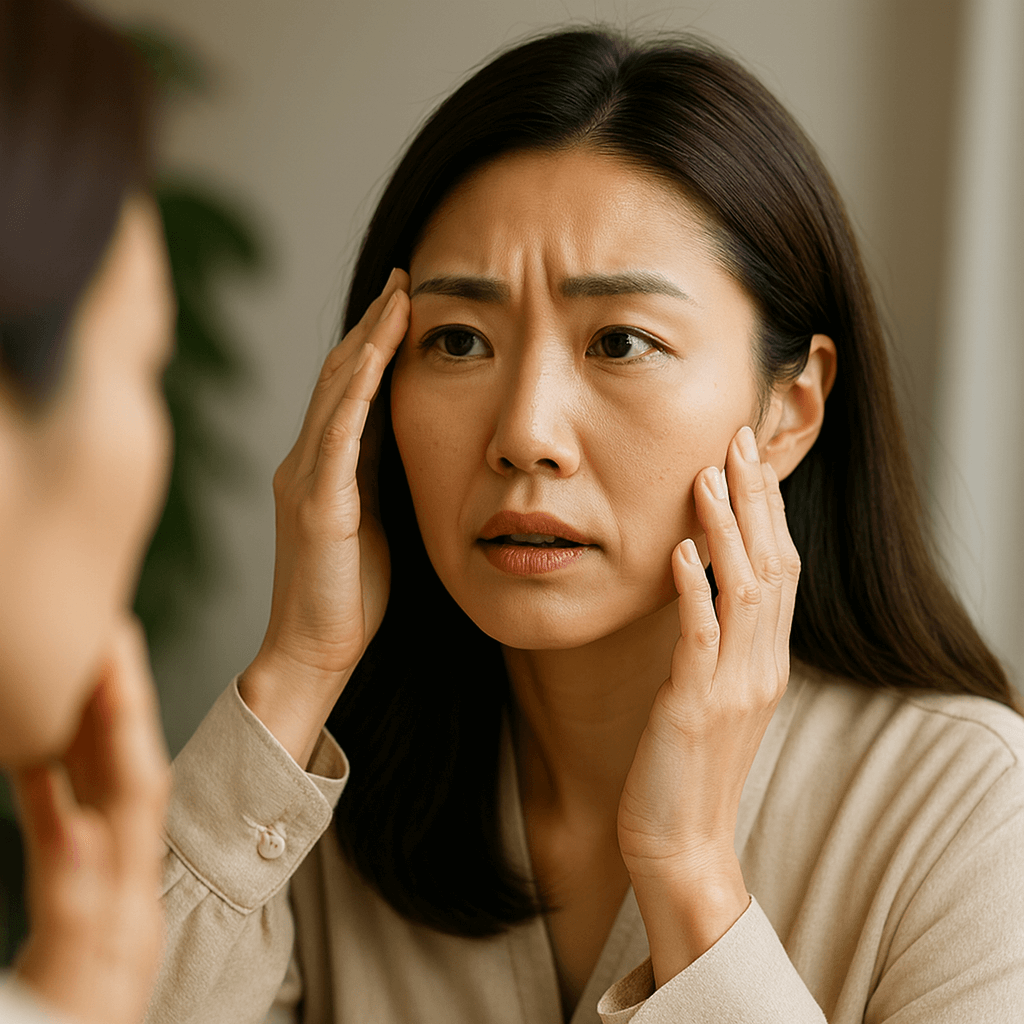 거울 앞에서 자신의 얼굴 피부를 살펴보는 단정한 복장의 40대 한국인 여성