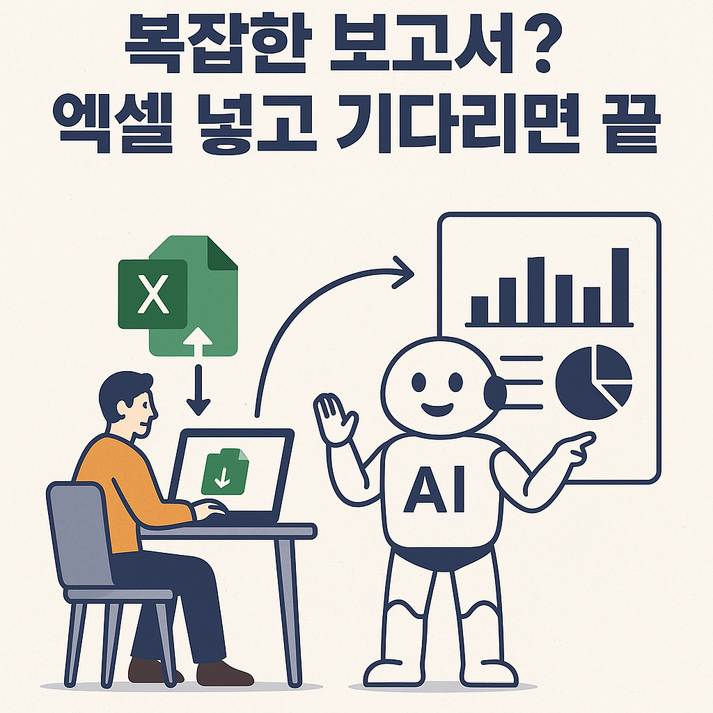 AI가 엑셀 파일을 받아 자동 보고서를 생성하는 장면, 상단에 '복잡한 보고서? 엑셀 넣고 기다리면 끝' 문구 포함