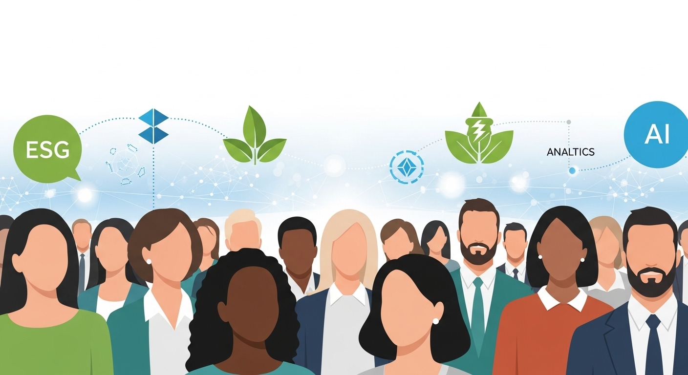 다양한 투자자들이 미래 지향적인 금융 환경을 바라보는 모습. 블록체인, ESG, AI 기술이 조화롭게 어우러져 지속 가능한 투자 미래를 암시합니다.
