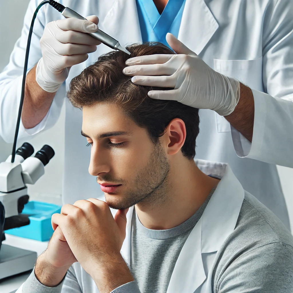 두피 진단을 받고 있는 모습, 병원에서 관리받는 장면