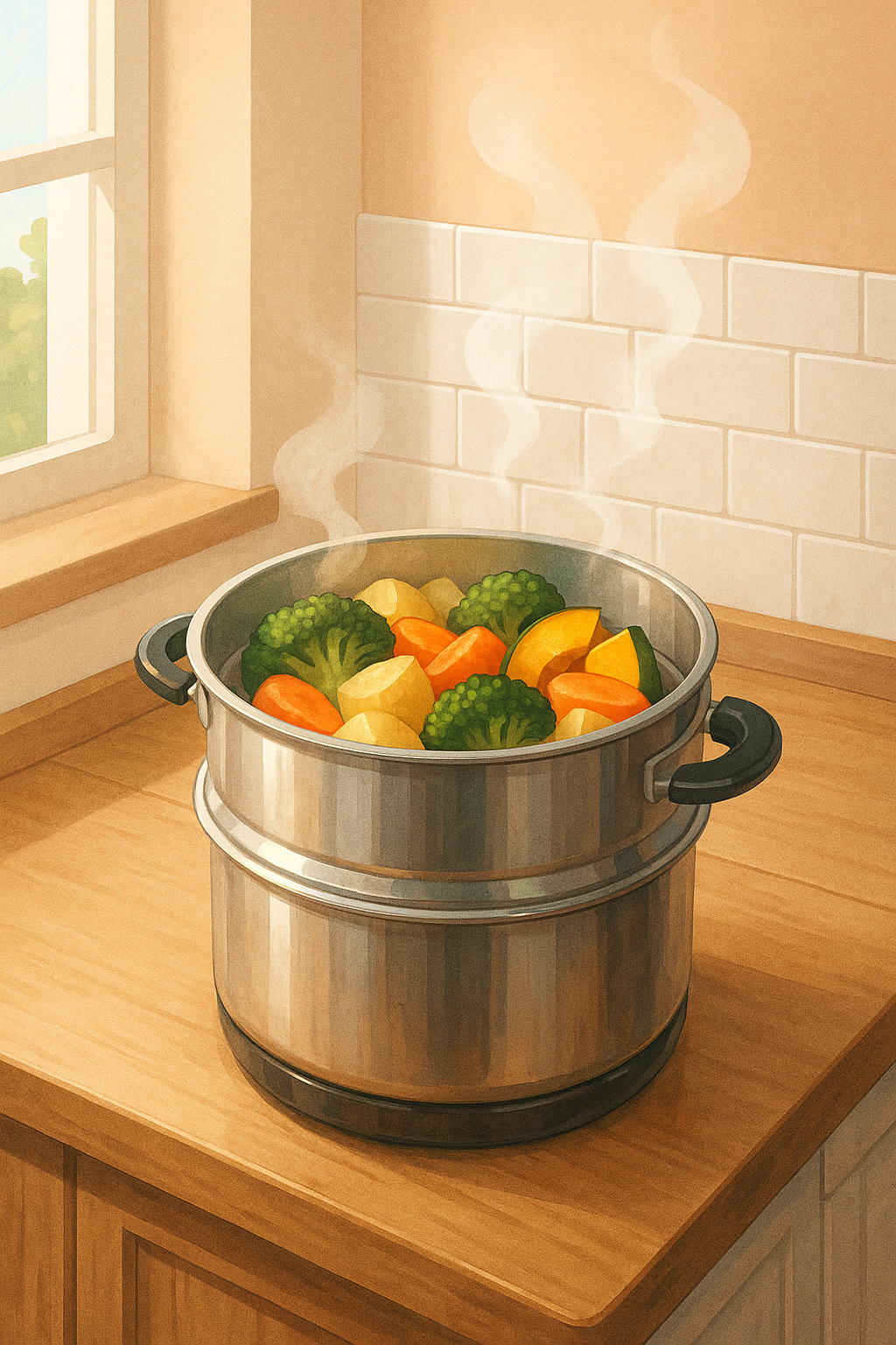 햇살이 드는 주방에서 찜기에 브로콜리, 당근, 감자 등 다양한 채소가 익어가는 건강한 찜요리 장면