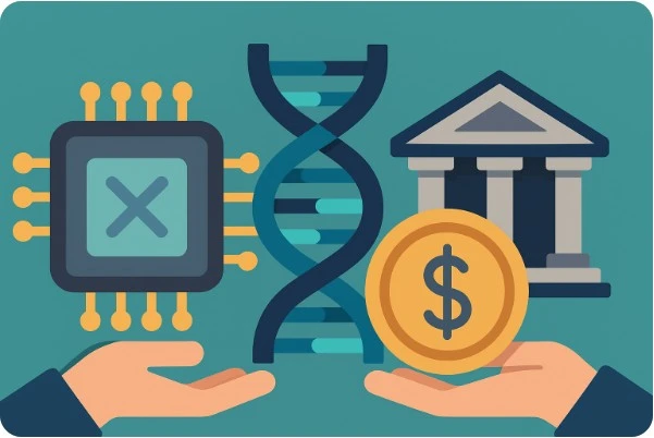 반도체 칩, DNA, 금융 아이콘으로 표현된 산업 콜라주