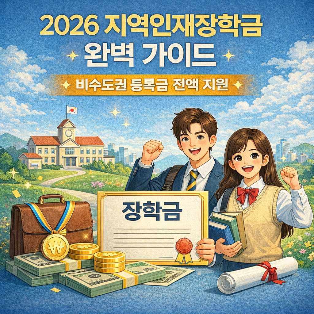 2026 지역인재장학금 완벽 가이드 썸네일, 비수도권 대학생 대상 등록금 전액 지원 조건과 신청방법을 한눈에 정리한 이미지