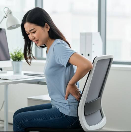 맥타정 효능 요통 개선, 허리가 아픈 프리랜서 여성 사진