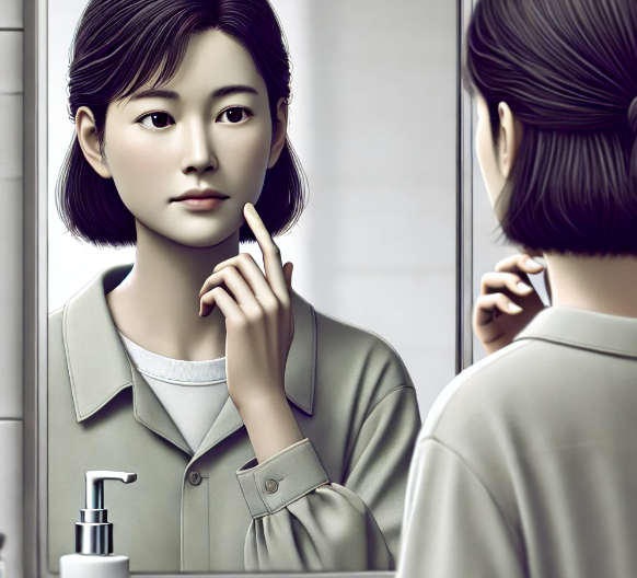 거울을 보며 피부를 살펴보는 여성의 모습.