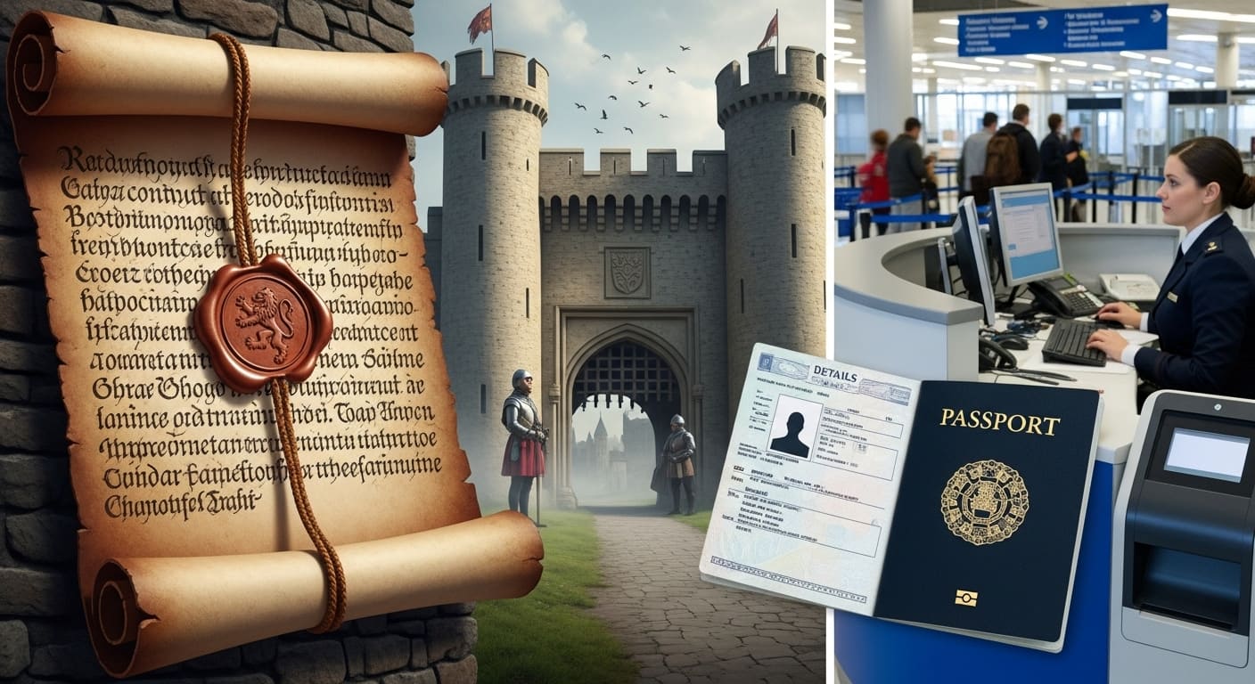 중세 왕의 안전 통행증과 현대 여권의 대비, 국가 권력과 개인 신분을 상징하는 역사적 이야기