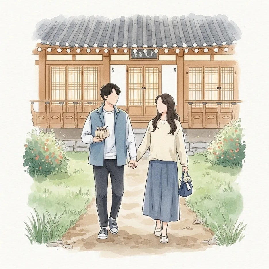 전통 가옥을 향해 발걸음을 옮기는 다정한 커플