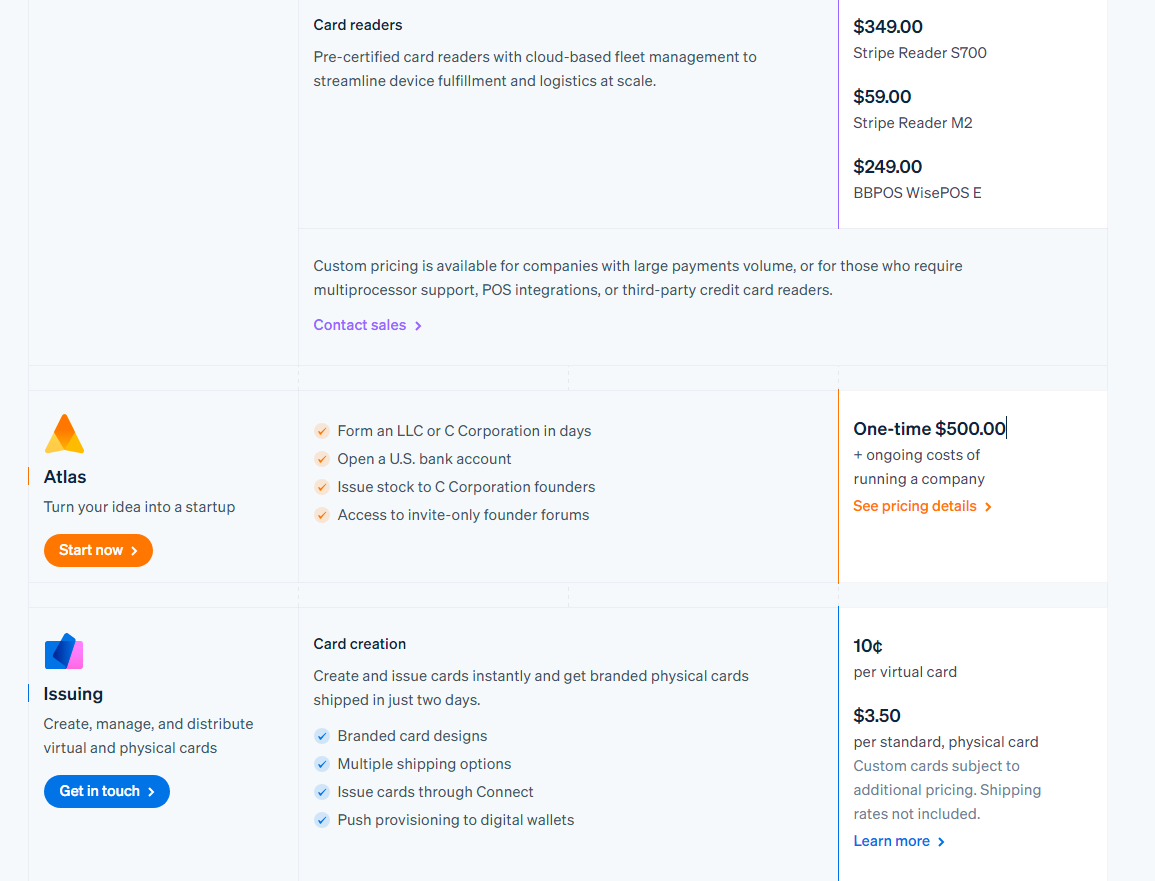 Stripe Atlas는 초기 비용 500 달러가 필요하다. 공식홈페이지 발췌