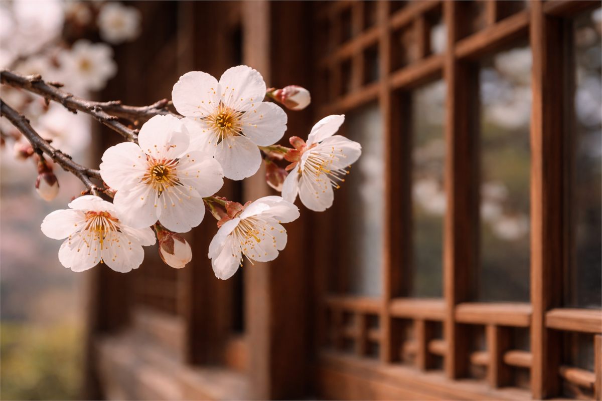 한옥 창가 옆에서 은은한 분위기를 만드는 매화 꽃 