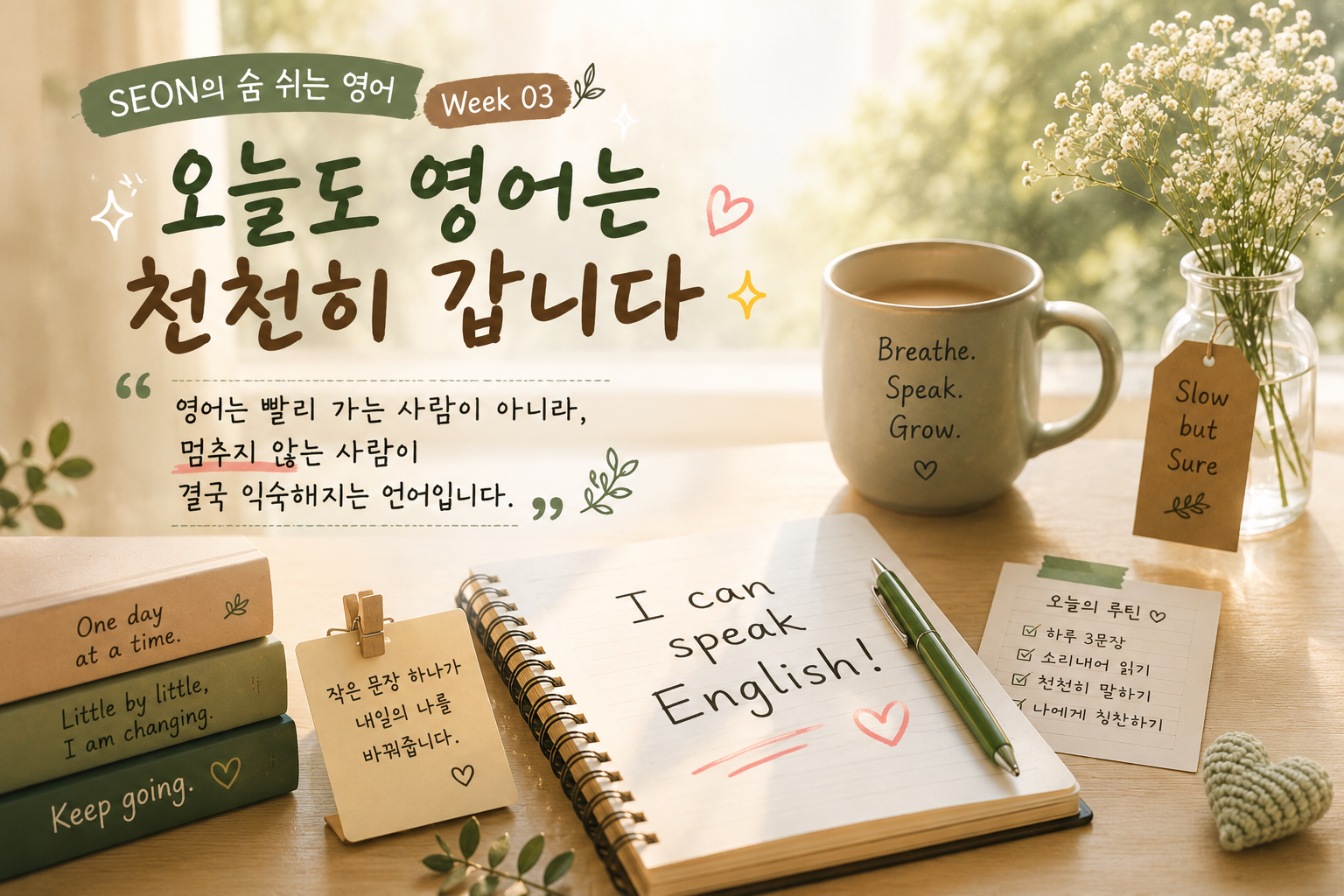 따뜻한 햇살이 비치는 책상 위에 영어 노트와 커피잔, 꽃병이 놓여 있고 “오늘도 영어는 천천히 갑니다”라는 문구와 함께 영어 루틴 메시지가 담긴 감성 영어 공부 하단 이미지
📝 이미지 캡션