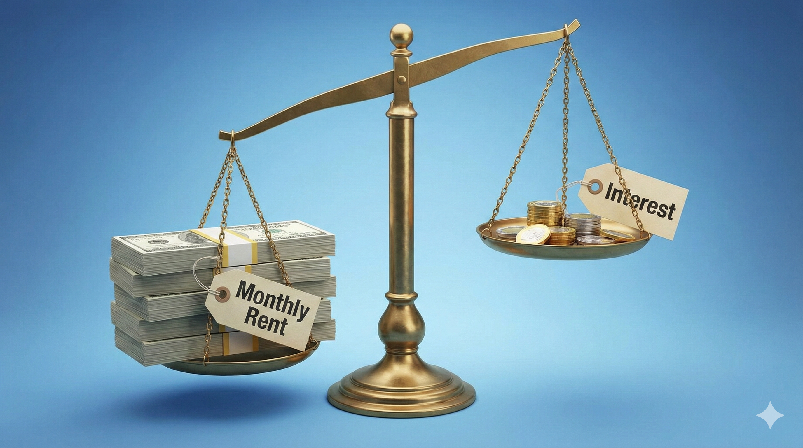 저울의 왼쪽에는 '월세 60만 원'이라고 적힌 무거운 돈뭉치가, 오른쪽에는 '이자 20만 원'이라고 적힌 가벼운 동전이 놓여 있는 비교 그림