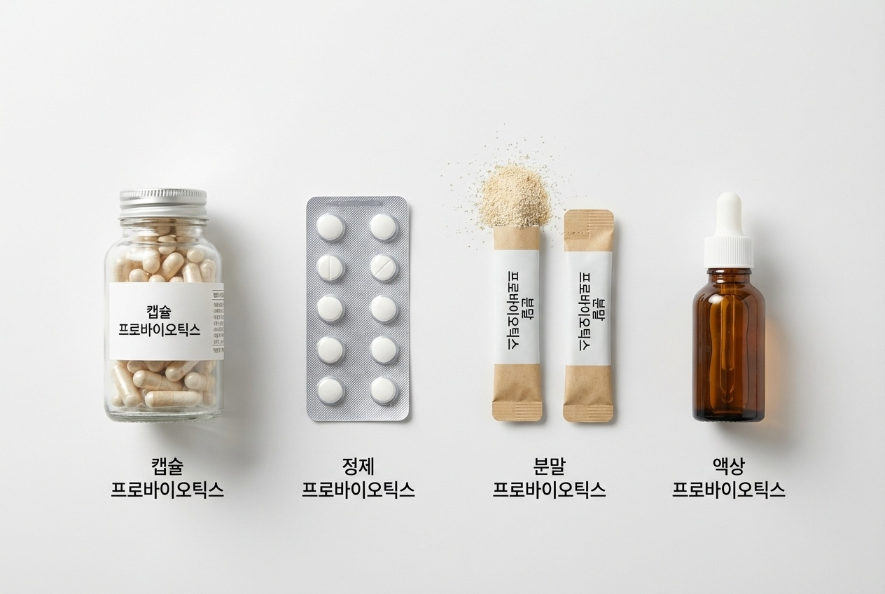 캡슐, 정제, 분말, 액상 형태의 프로바이오틱스 제품을 나란히 배치한 비교 이미지