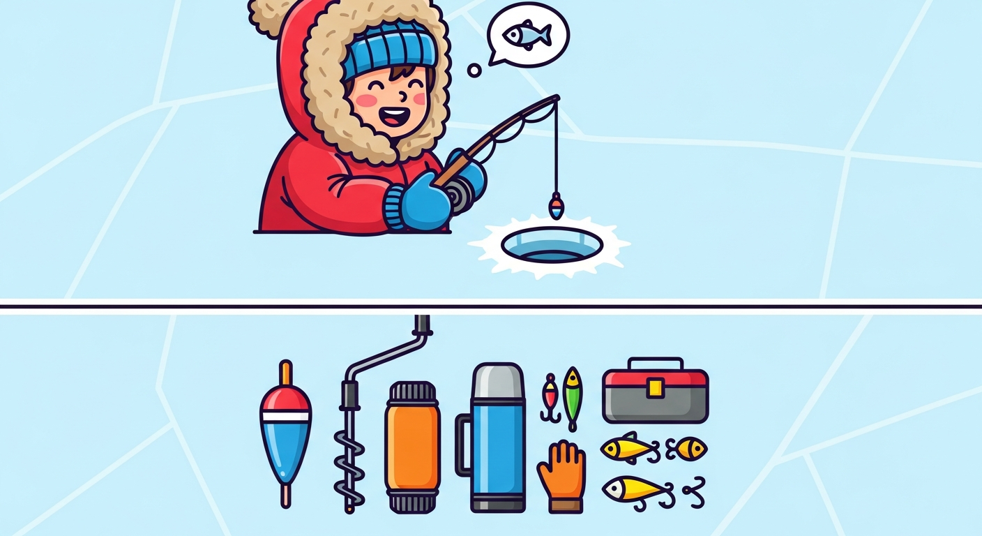 얼음 구멍에 낚싯대를 넣고 기다리는 아이의 손