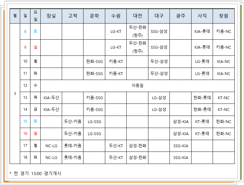 시범경기 일정표