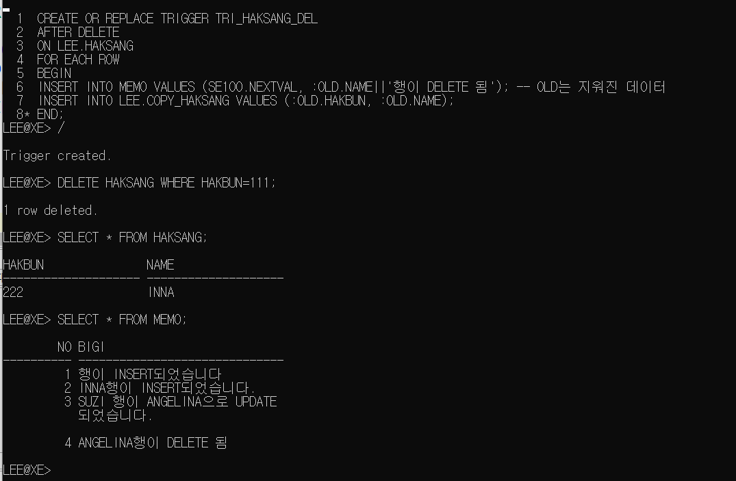 DELETE TRIGGER 결과
