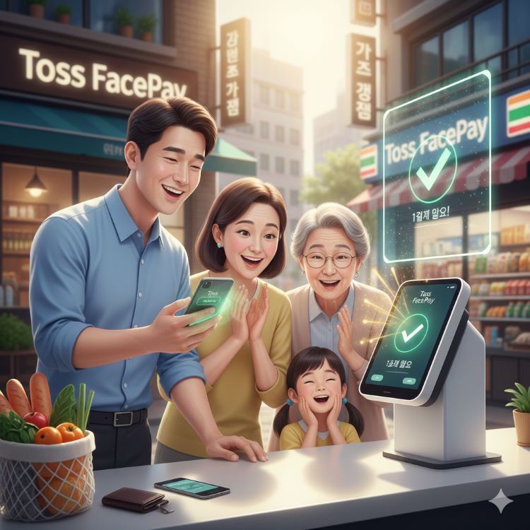 “젊은 직장인·가족이 토스페이스페이 단말기에서 얼굴만으로 1초 결제하는 모습, 앱 등록 화면, 매장에서 지갑·폰 없이 결제 장면 포함”
