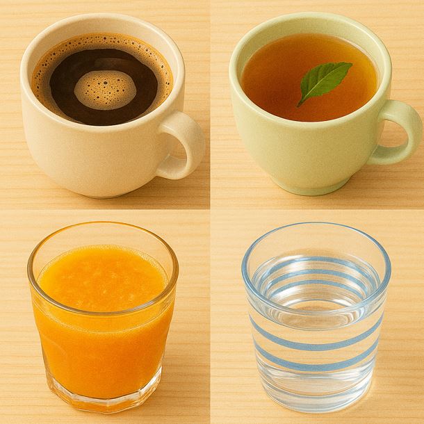 커피, 차, 주스, 물이 각각의 컵에 담겨 있다.