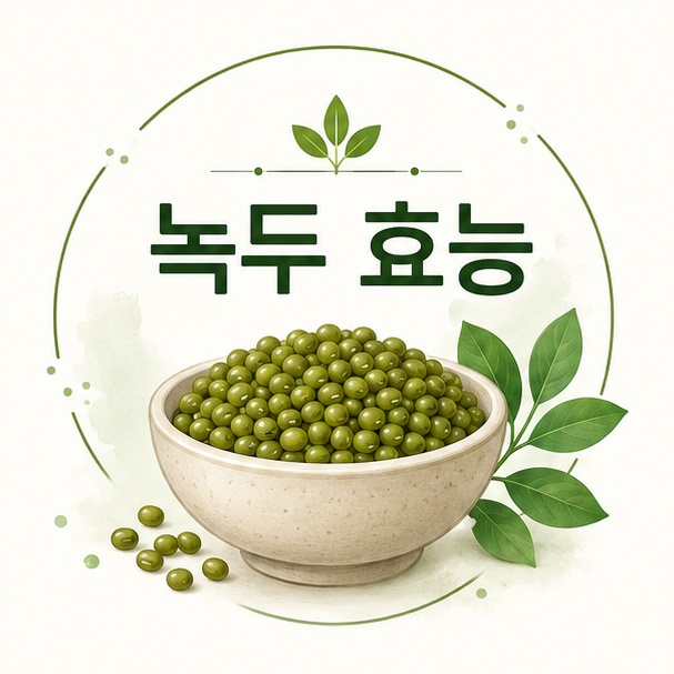 그릇에 담긴 녹두와 잎을 이용해 녹두의 영양학적 특징을 소개하는 그림