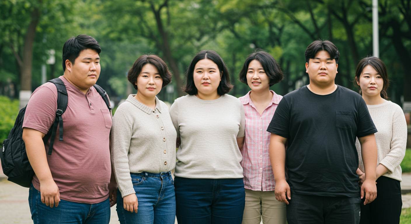 한국인 비만 여성과 남성들이 카메라를 보고 있다.