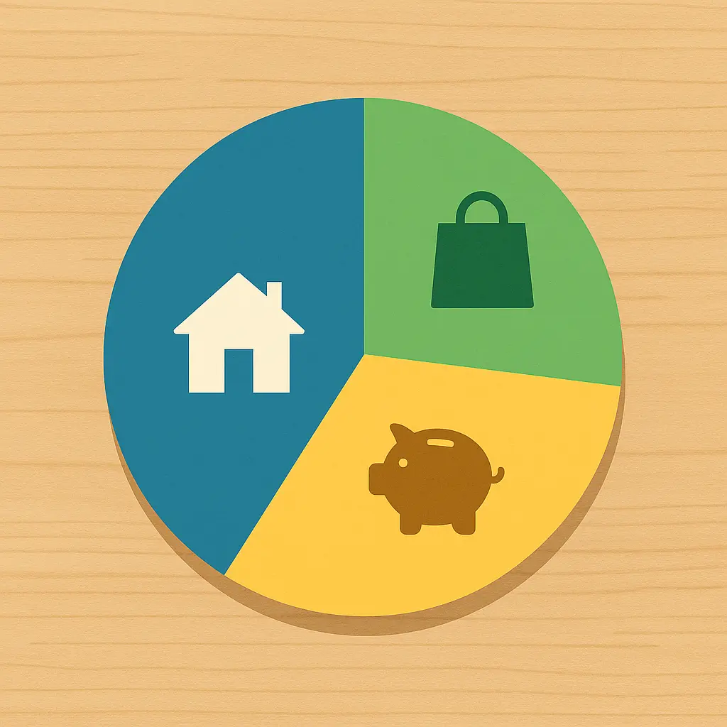 목재-테이블-위에-파란색-50%섹션-집-아이콘,초록색-30%섹션-쇼핑백-아이콘,노란색-20%섹션-돼지저금통-아이콘이-있는-파이차트-일러스트