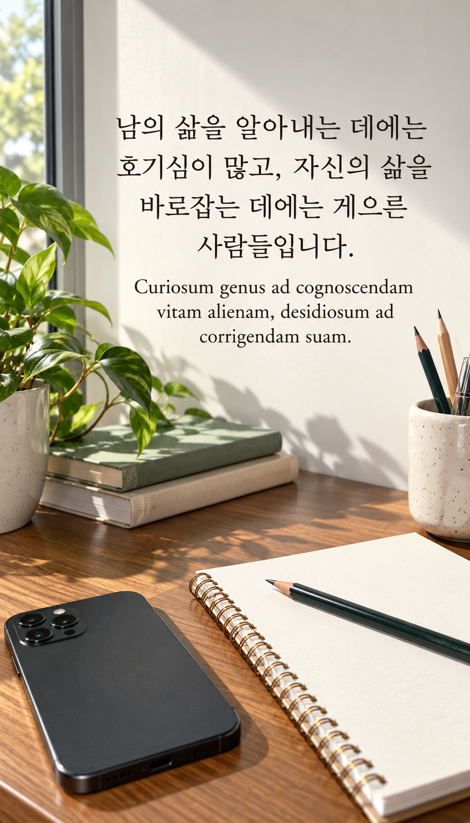 남의 삶을 알아내는 데에는 호기심이 많고, 자신의 삶을 바로잡는 데에는 게으른 사람들입니다. — 현대 책상의 뒤집힌 휴대전화와 노트, 사실적인 현대 사진·플래시 스냅샷