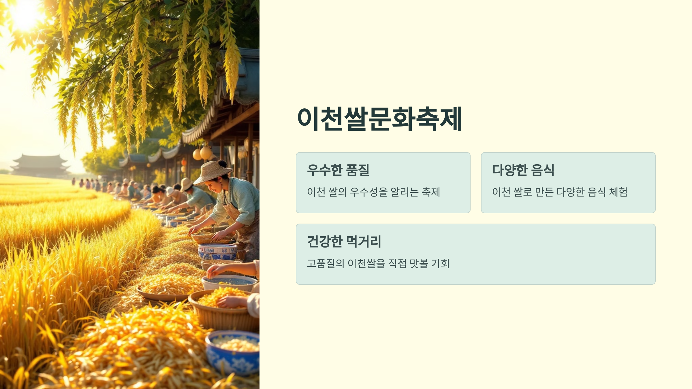 🎉이천의 9대 축제 : 이천도자기축제, 이천쌀문화축제, 산수유꽃축제, 이천평생학습축제, 이천체험문화축제, 햇사레 장호원복숭아축제, 이천인삼축제, 코스모스축제, 설봉산 별빛 축제!