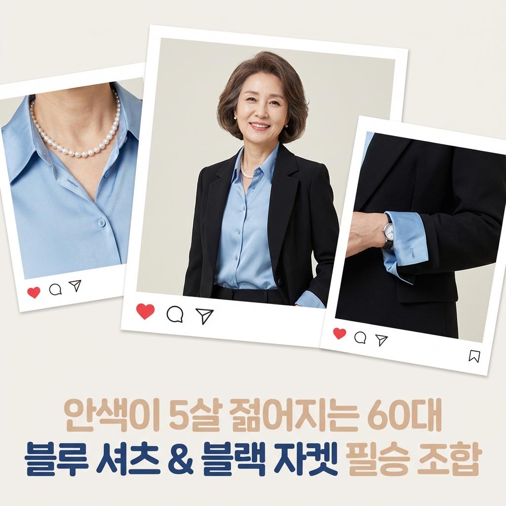 칙칙한 피부톤 살려주는 60대 블루 셔츠 코디, 블랙 자켓과 이지적인 만남