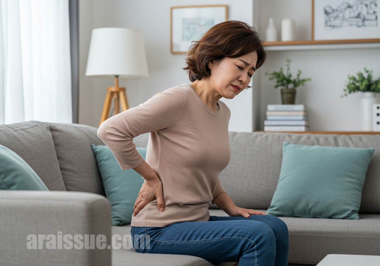50대 한국 여성이 현대적인 거실에서 허리 통증을 느끼고 있는 모습입니다. 골다공증 초기 징후로 허리 통증을 겪고 있는 장면입니다.