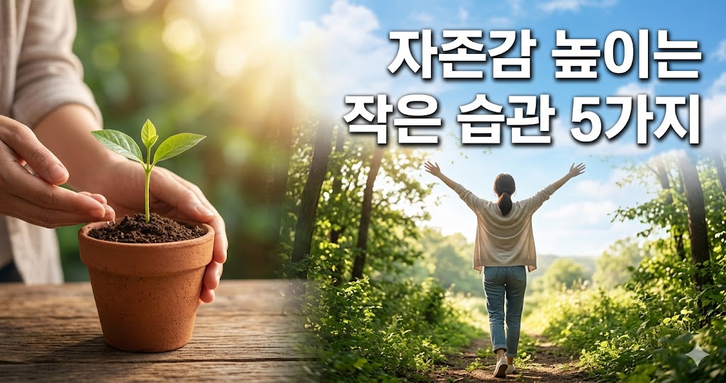 자존감 높이는 작은 습관 5가지를 상징하는 숲속의 사람과 화분 새싹 이미지