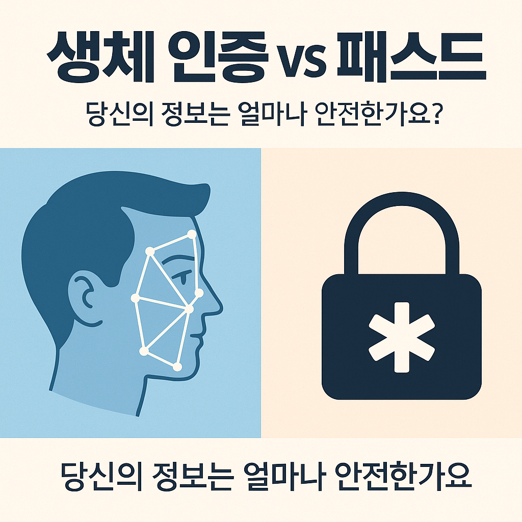 생체 인증과 패스워드 보안 방식 비교, 얼굴인식과 자물쇠 아이콘을 시각적으로 나눈 2025년 보안 블로그 썸네일 이미지